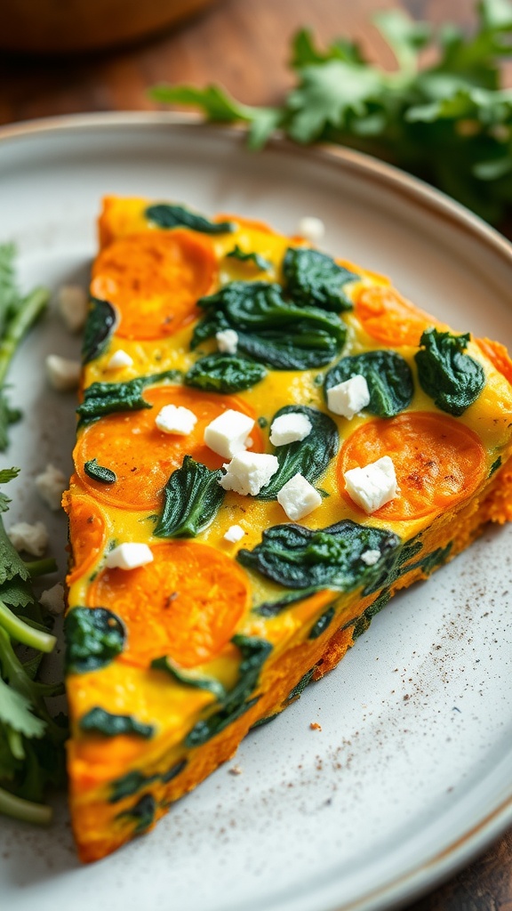 A slice of sweet potato and kale frittata with feta cheese, served on a rustic plate with a side salad.